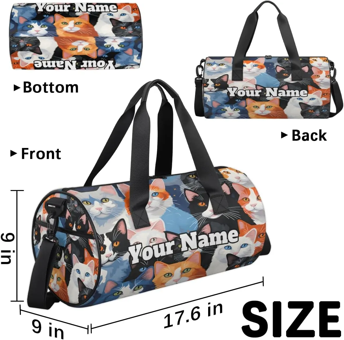 Custom Gym Bag for Women Men with Name, Personalized Cute Cats Breeds Duffel Bag for Sports, Waterproof Dance Bag, Lightweight Carryon Gym Bag, Cat Prints
