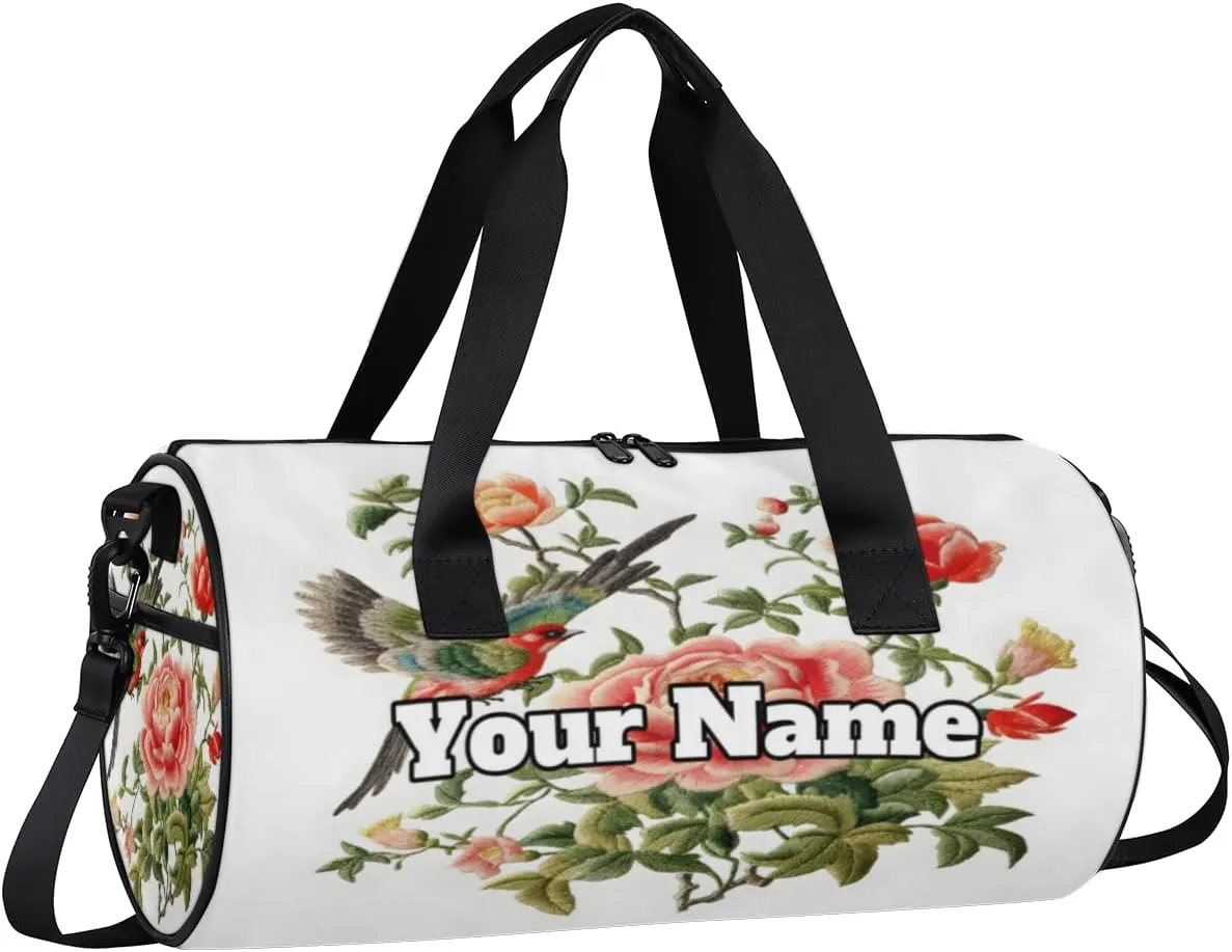 Custom Gym Bag for Women Men with Name, Personalized Floral Bird Duffel Bag for Sports, Waterproof Dance Bag, Lightweight Carryon Gym Bag, Spring Birds