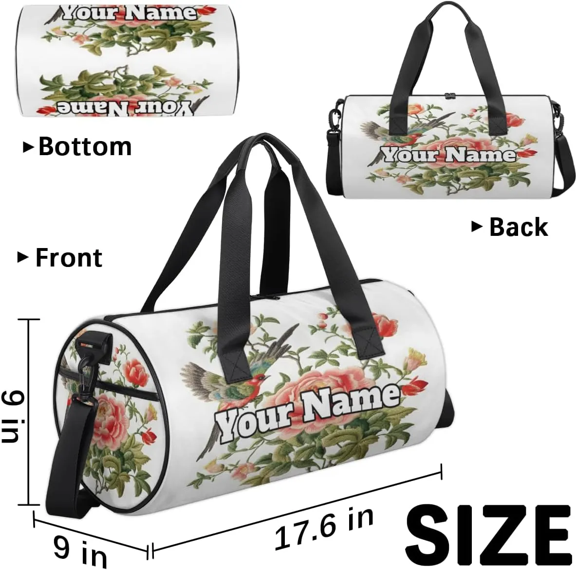 Custom Gym Bag for Women Men with Name, Personalized Floral Bird Duffel Bag for Sports, Waterproof Dance Bag, Lightweight Carryon Gym Bag, Spring Birds