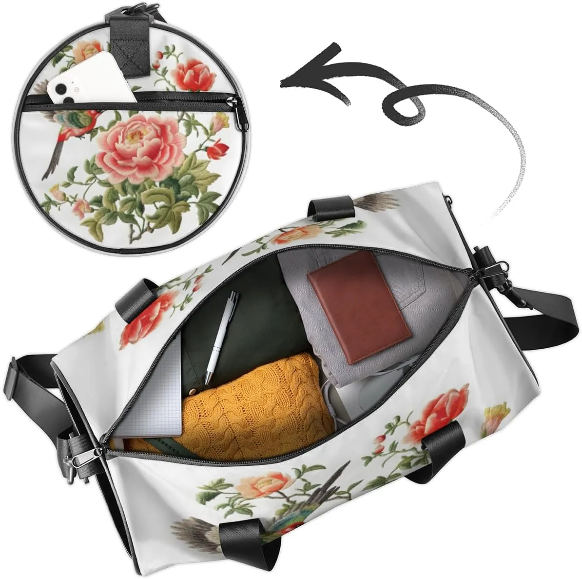 Custom Gym Bag for Women Men with Name, Personalized Floral Bird Duffel Bag for Sports, Waterproof Dance Bag, Lightweight Carryon Gym Bag, Spring Birds