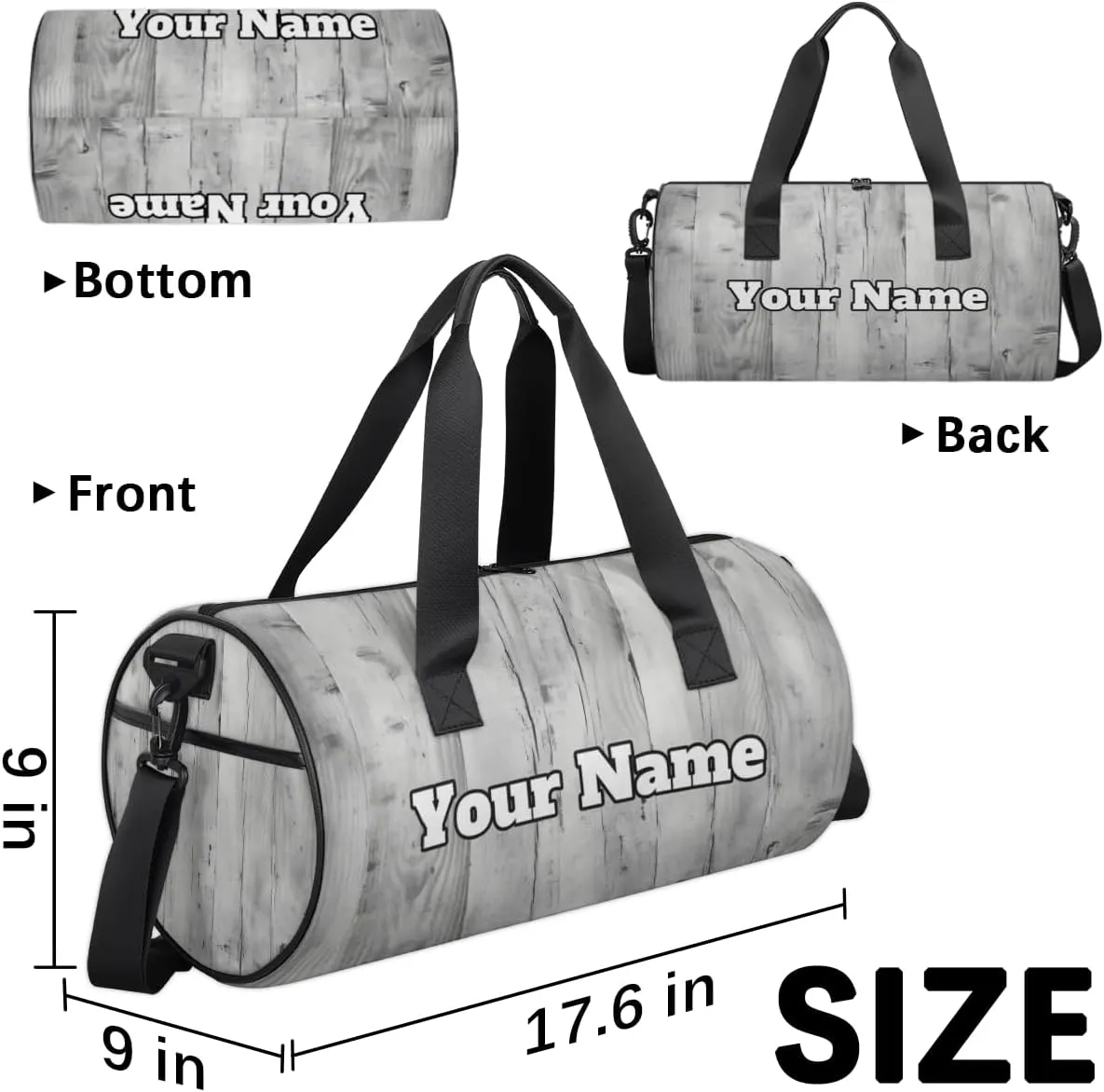 Custom Gym Bag for Women Men with Name, Personalized Wood Grain Duffel Bag for Sports, Waterproof Dance Bag, Lightweight Carryon Gym Bag, Wood