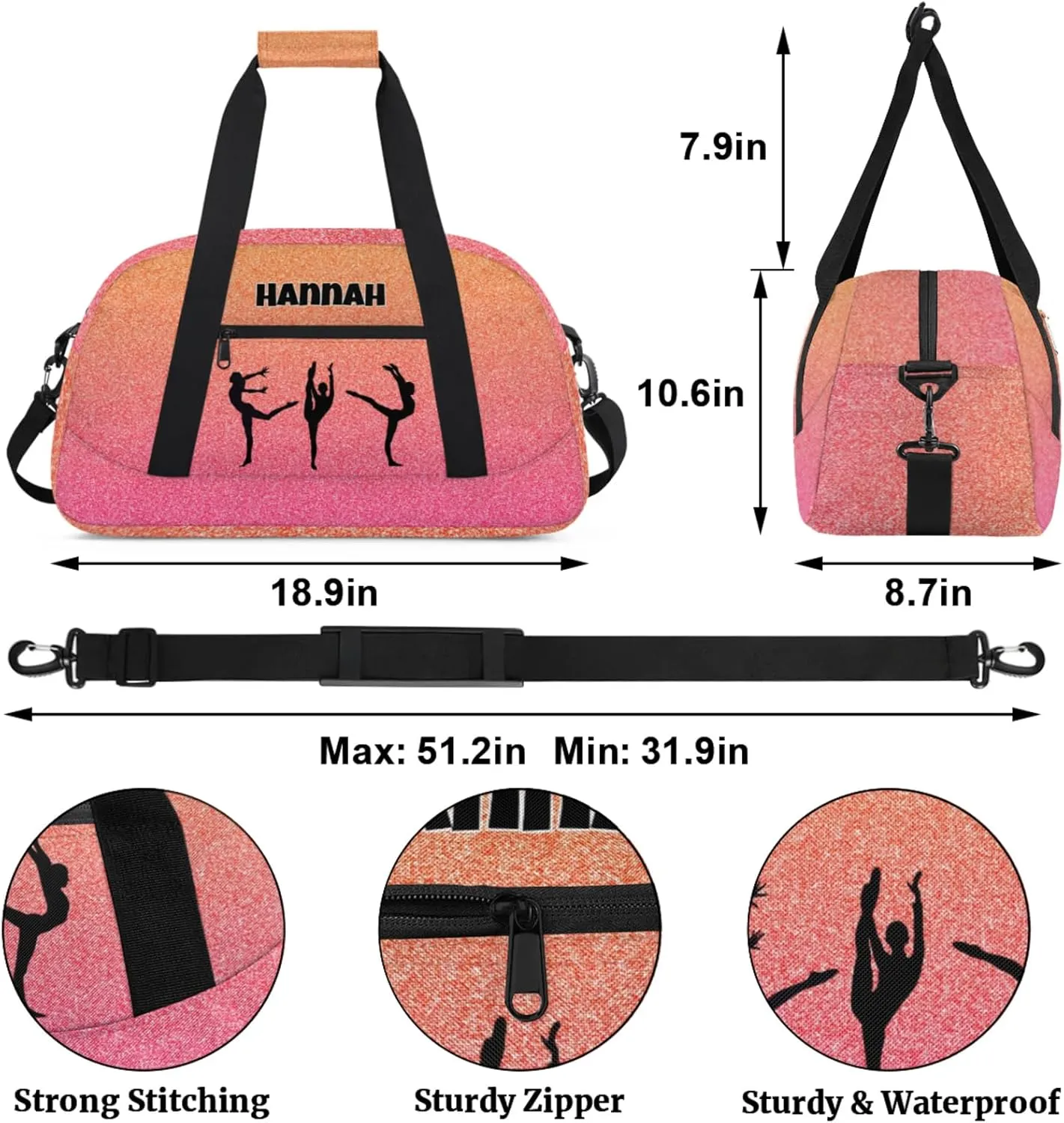 Custom Name Gym Bag, Personalized Dance Sport Gym Travel Weekender Overnight Duffel Bags, Black Gymnast Silhouette, Hot Pink Orange Glittering