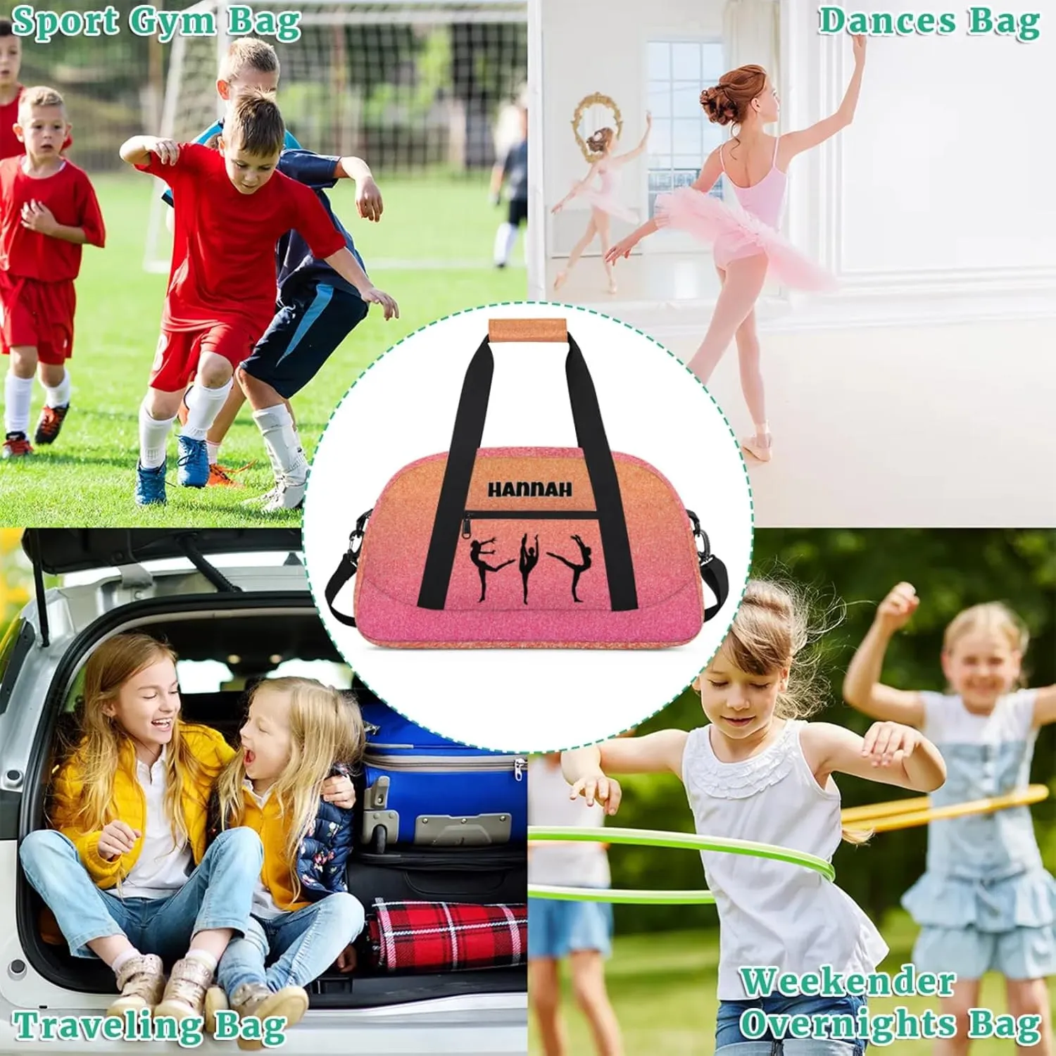 Custom Name Gym Bag, Personalized Dance Sport Gym Travel Weekender Overnight Duffel Bags, Black Gymnast Silhouette, Hot Pink Orange Glittering