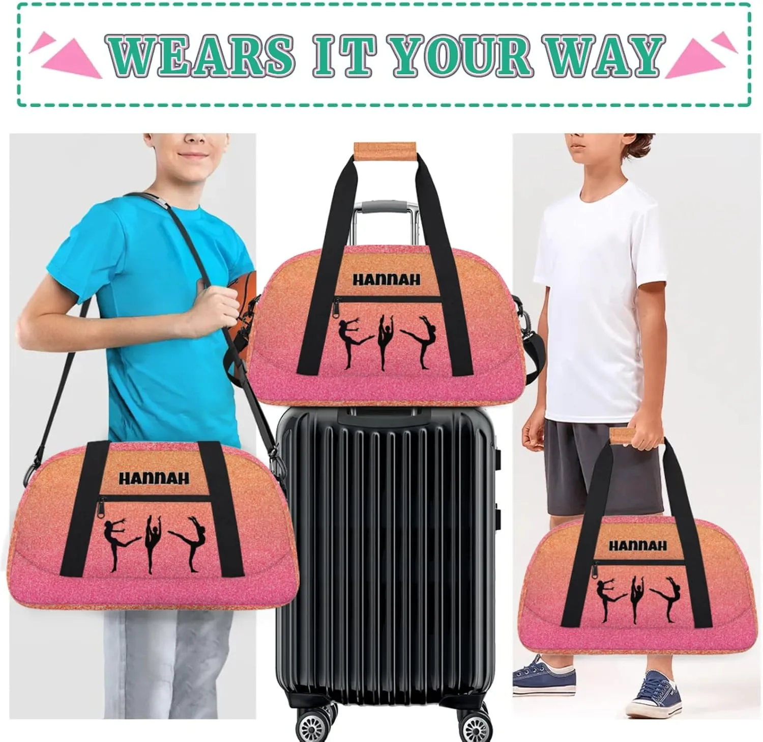Custom Name Gym Bag, Personalized Dance Sport Gym Travel Weekender Overnight Duffel Bags, Black Gymnast Silhouette, Hot Pink Orange Glittering