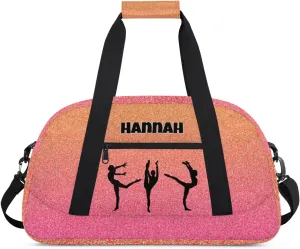 Custom Name Gym Bag, Personalized Dance Sport Gym Travel Weekender Overnight Duffel Bags, Black Gymnast Silhouette, Hot Pink Orange Glittering
