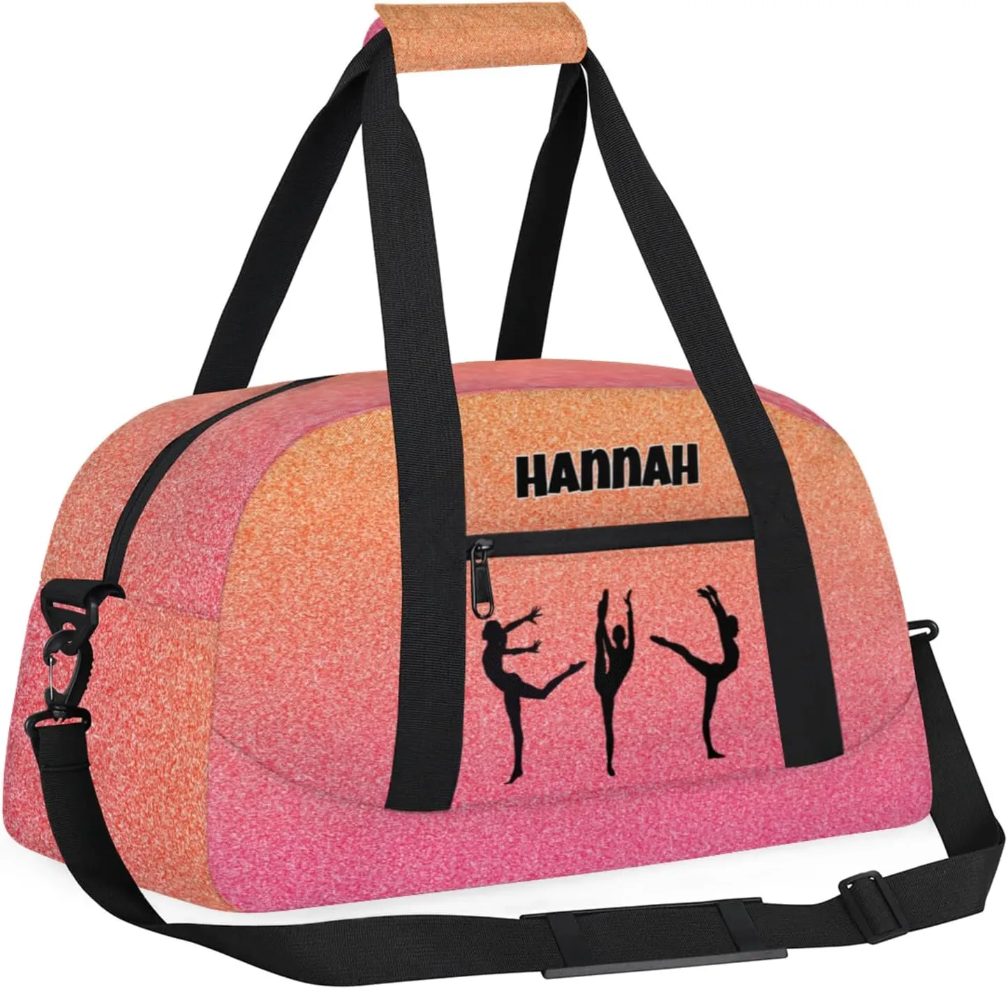 Custom Name Gym Bag, Personalized Dance Sport Gym Travel Weekender Overnight Duffel Bags, Black Gymnast Silhouette, Hot Pink Orange Glittering
