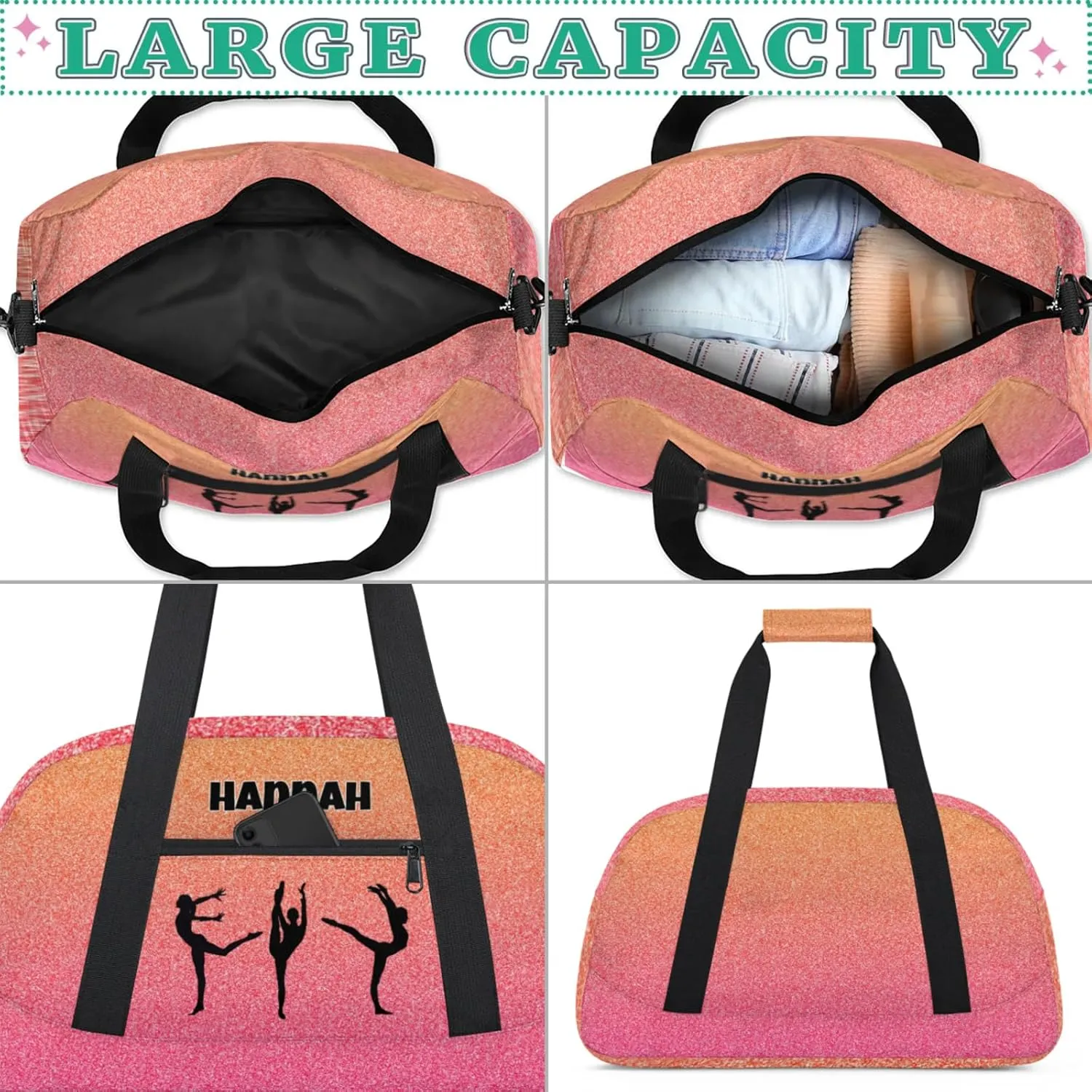 Custom Name Gym Bag, Personalized Dance Sport Gym Travel Weekender Overnight Duffel Bags, Black Gymnast Silhouette, Hot Pink Orange Glittering