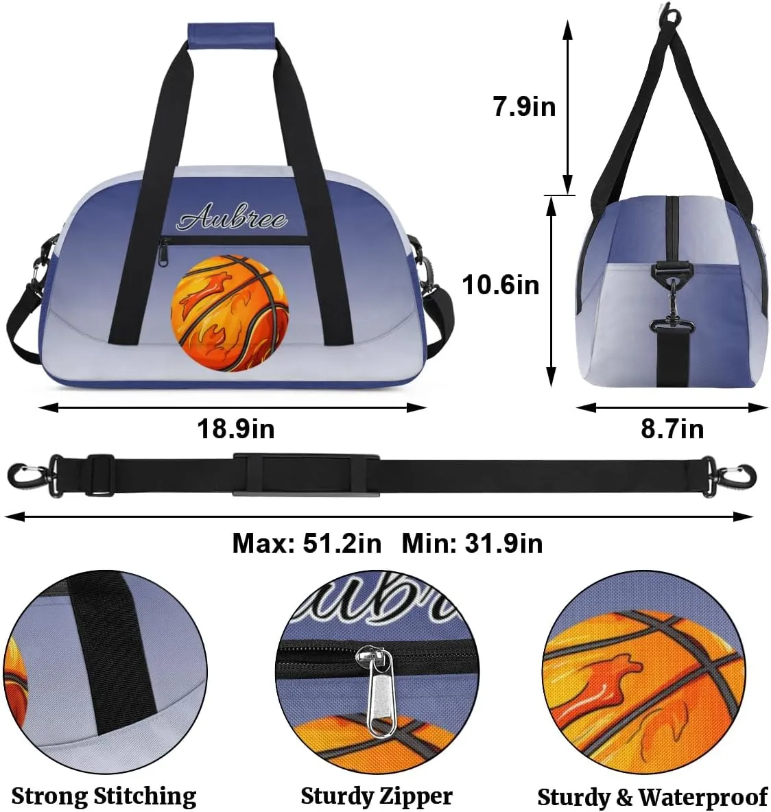 Custom Name Sports Bag, Personalized Balls Sports Gym Duffel Bag, Travel Weekender Tote Carry-On Training Perform Bag, Cobalt Blue Gradient