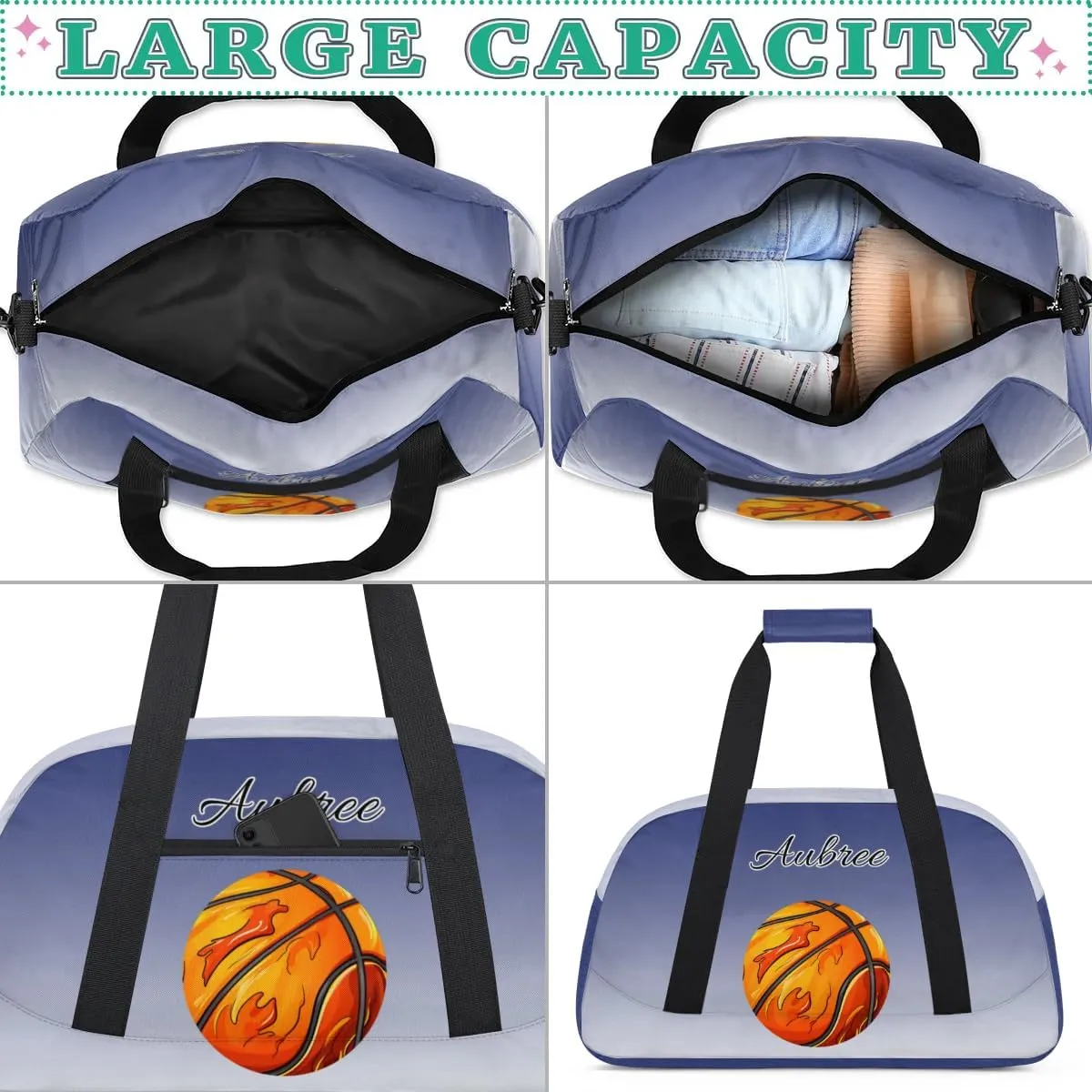 Custom Name Sports Bag, Personalized Balls Sports Gym Duffel Bag, Travel Weekender Tote Carry-On Training Perform Bag, Cobalt Blue Gradient