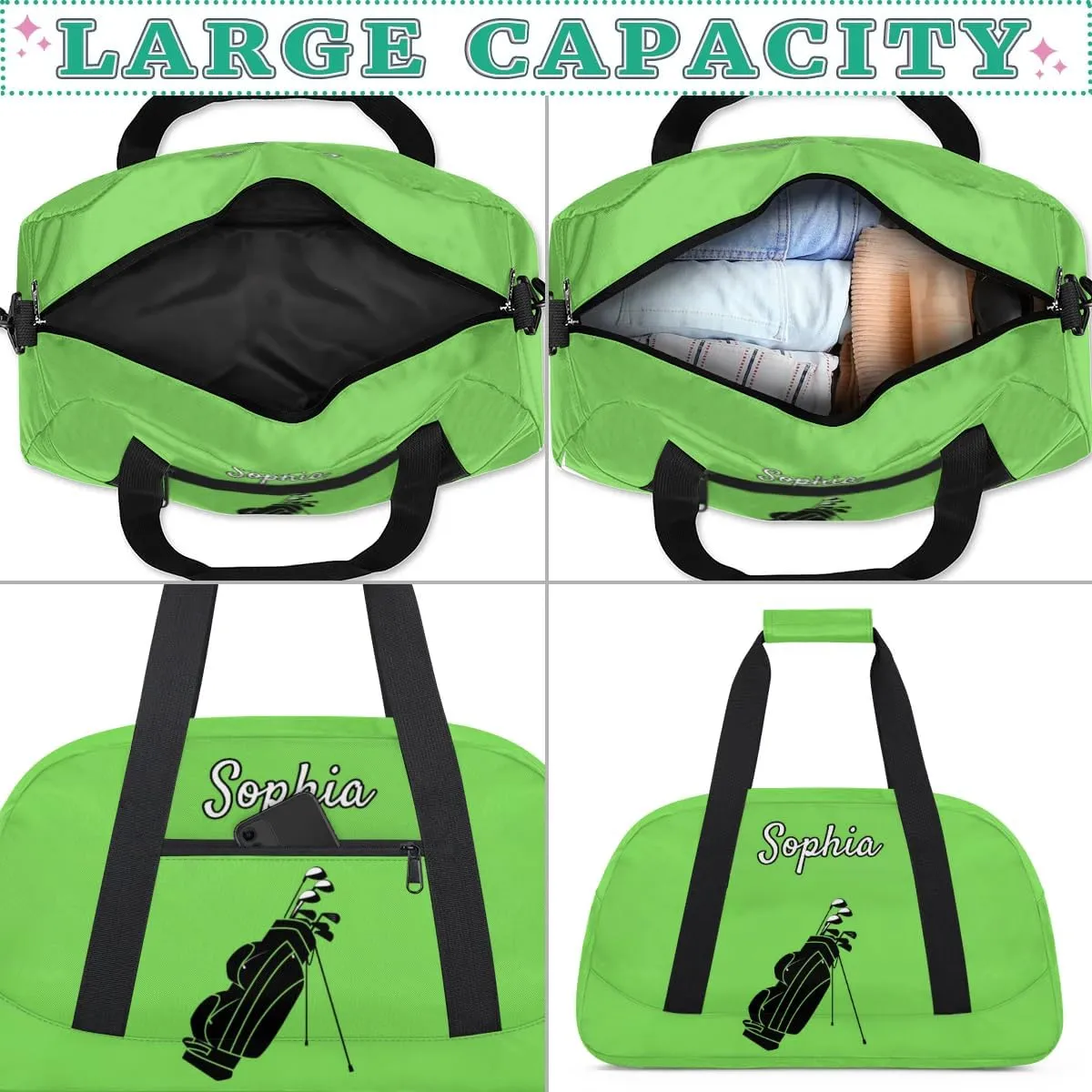 Custom Name Sports Bag, Personalized Balls Sports Gym Duffel Bag, Travel Weekender Tote Carry-On Training Perform Bag, Grass Green