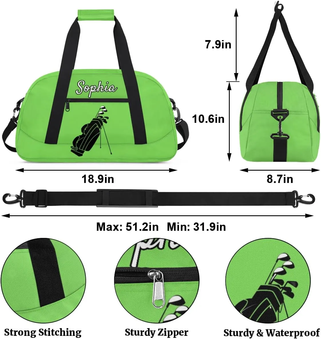 Custom Name Sports Bag, Personalized Balls Sports Gym Duffel Bag, Travel Weekender Tote Carry-On Training Perform Bag, Grass Green
