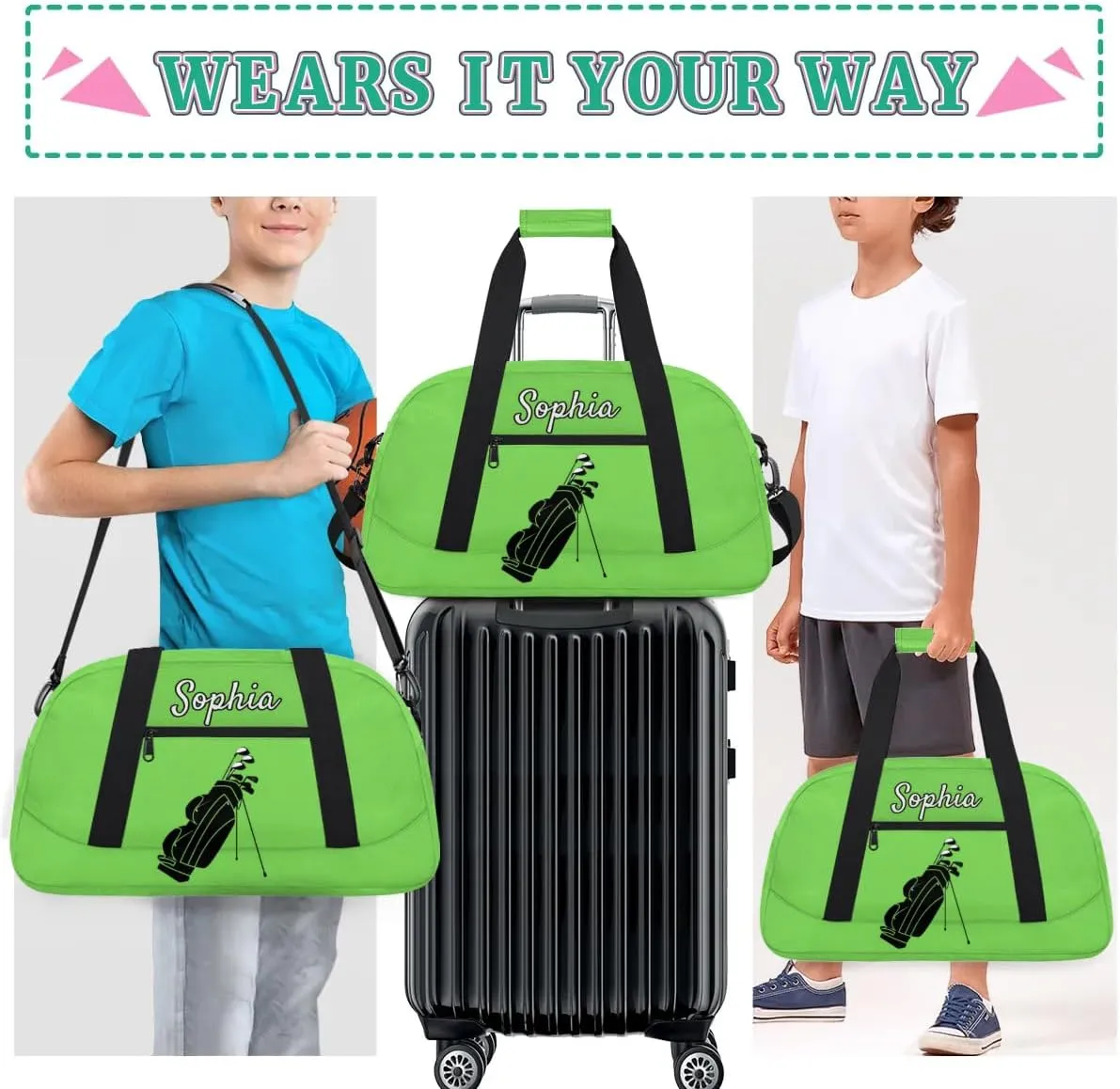 Custom Name Sports Bag, Personalized Balls Sports Gym Duffel Bag, Travel Weekender Tote Carry-On Training Perform Bag, Grass Green