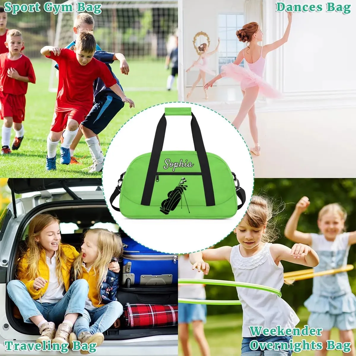 Custom Name Sports Bag, Personalized Balls Sports Gym Duffel Bag, Travel Weekender Tote Carry-On Training Perform Bag, Grass Green
