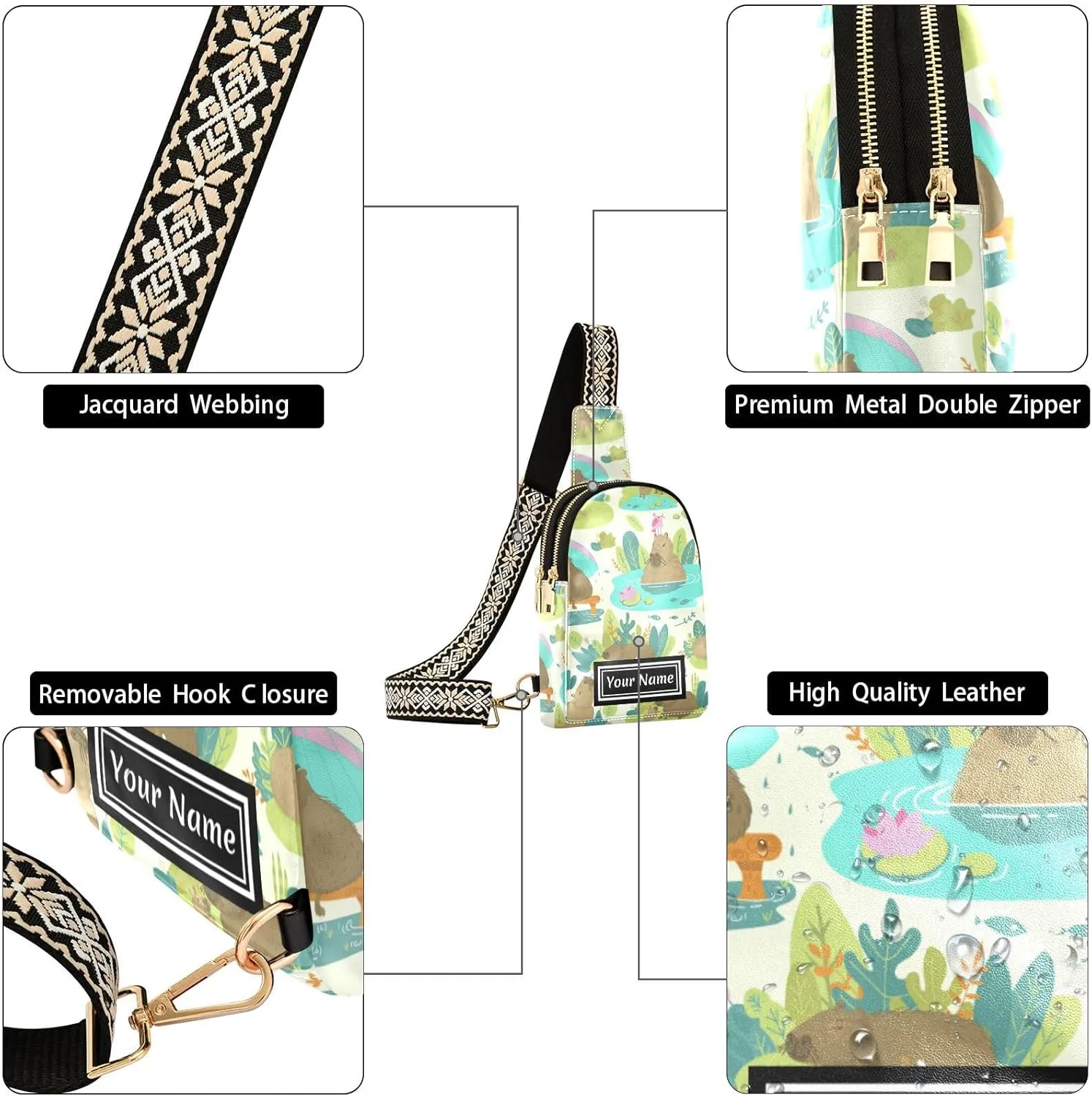 Custom Sling Bag for Women Capybara Cat Bird Personalized Leather Crossbody Shoulder Bags Casual Backpack Chest Bag Hiking Daypack