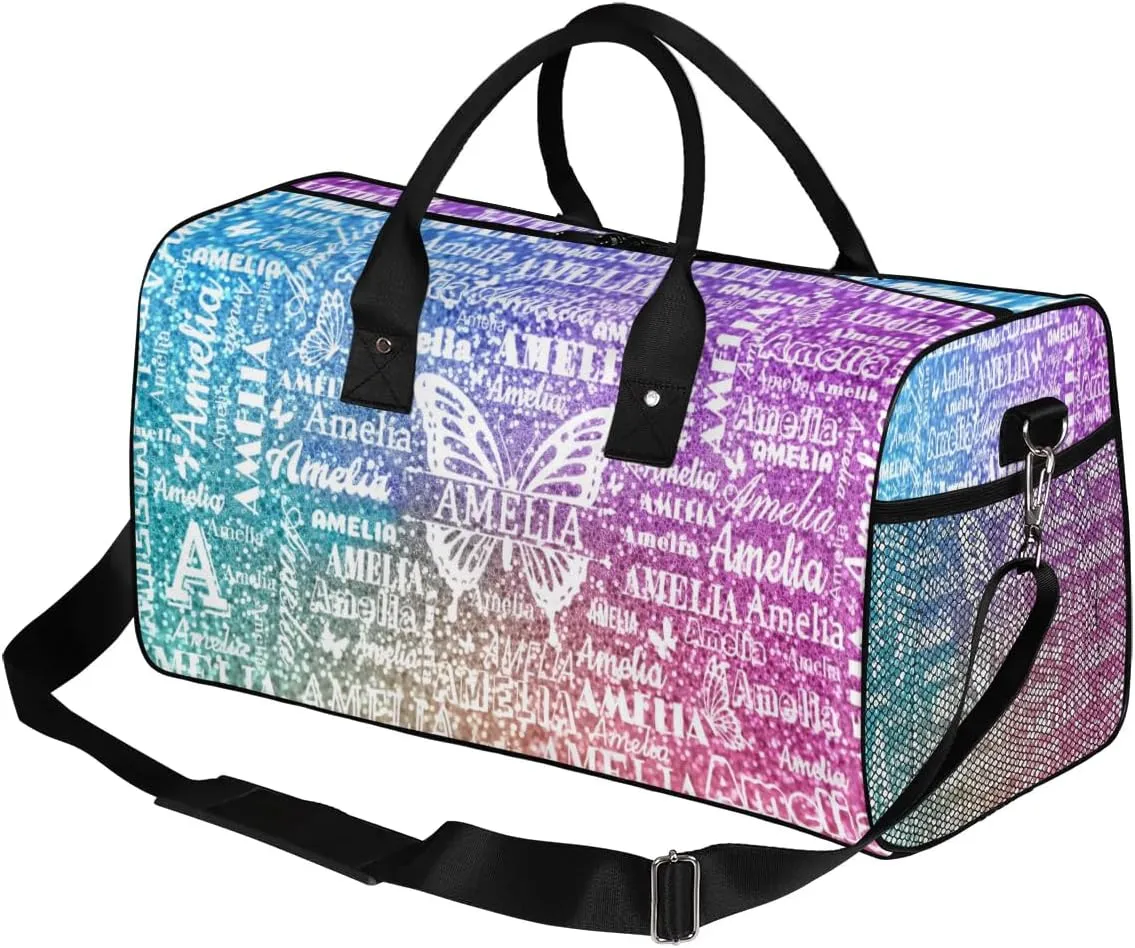 Custom Travel Duffel Bag with Name Butterfly, Personalized Gym Bag for Women, Custom Sport Tote Bags for Dance Cheer, Overnight Weekender Bags, Colorful