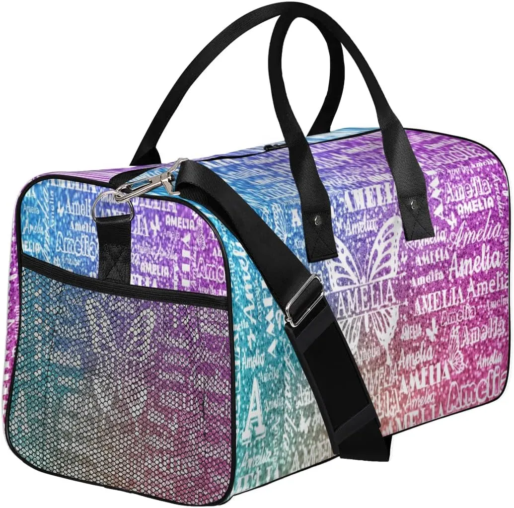 Custom Travel Duffel Bag with Name Butterfly, Personalized Gym Bag for Women, Custom Sport Tote Bags for Dance Cheer, Overnight Weekender Bags, Colorful