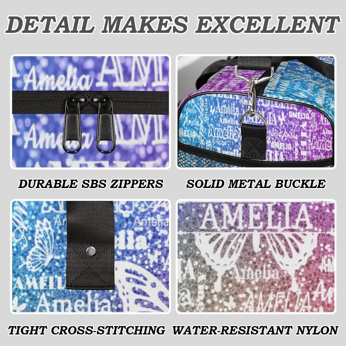 Custom Travel Duffel Bag with Name Butterfly, Personalized Gym Bag for Women, Custom Sport Tote Bags for Dance Cheer, Overnight Weekender Bags, Colorful