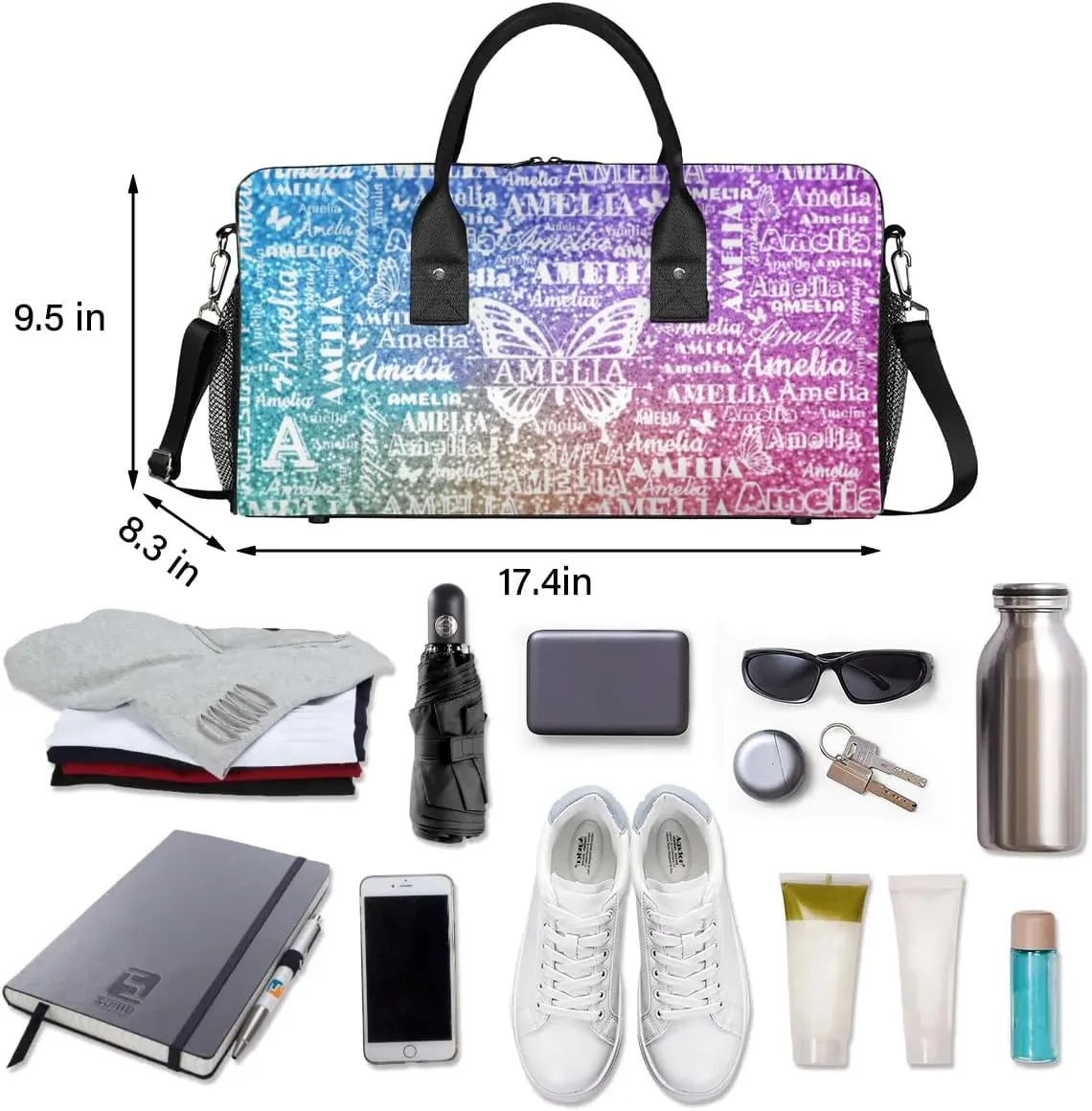 Custom Travel Duffel Bag with Name Butterfly, Personalized Gym Bag for Women, Custom Sport Tote Bags for Dance Cheer, Overnight Weekender Bags, Colorful