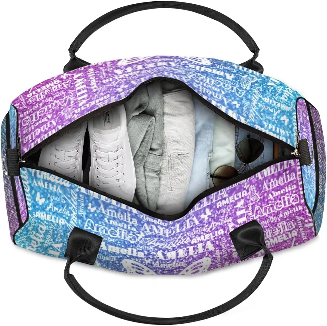 Custom Travel Duffel Bag with Name Butterfly, Personalized Gym Bag for Women, Custom Sport Tote Bags for Dance Cheer, Overnight Weekender Bags, Colorful