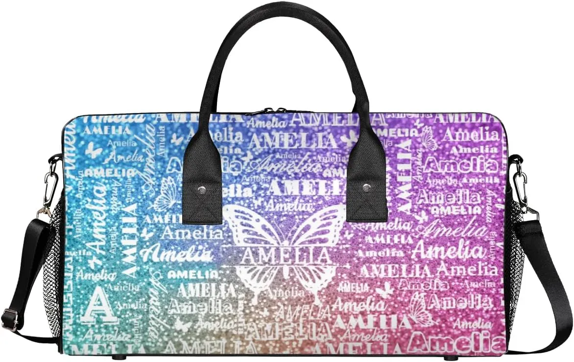 Custom Travel Duffel Bag with Name Butterfly, Personalized Gym Bag for Women, Custom Sport Tote Bags for Dance Cheer, Overnight Weekender Bags, Colorful