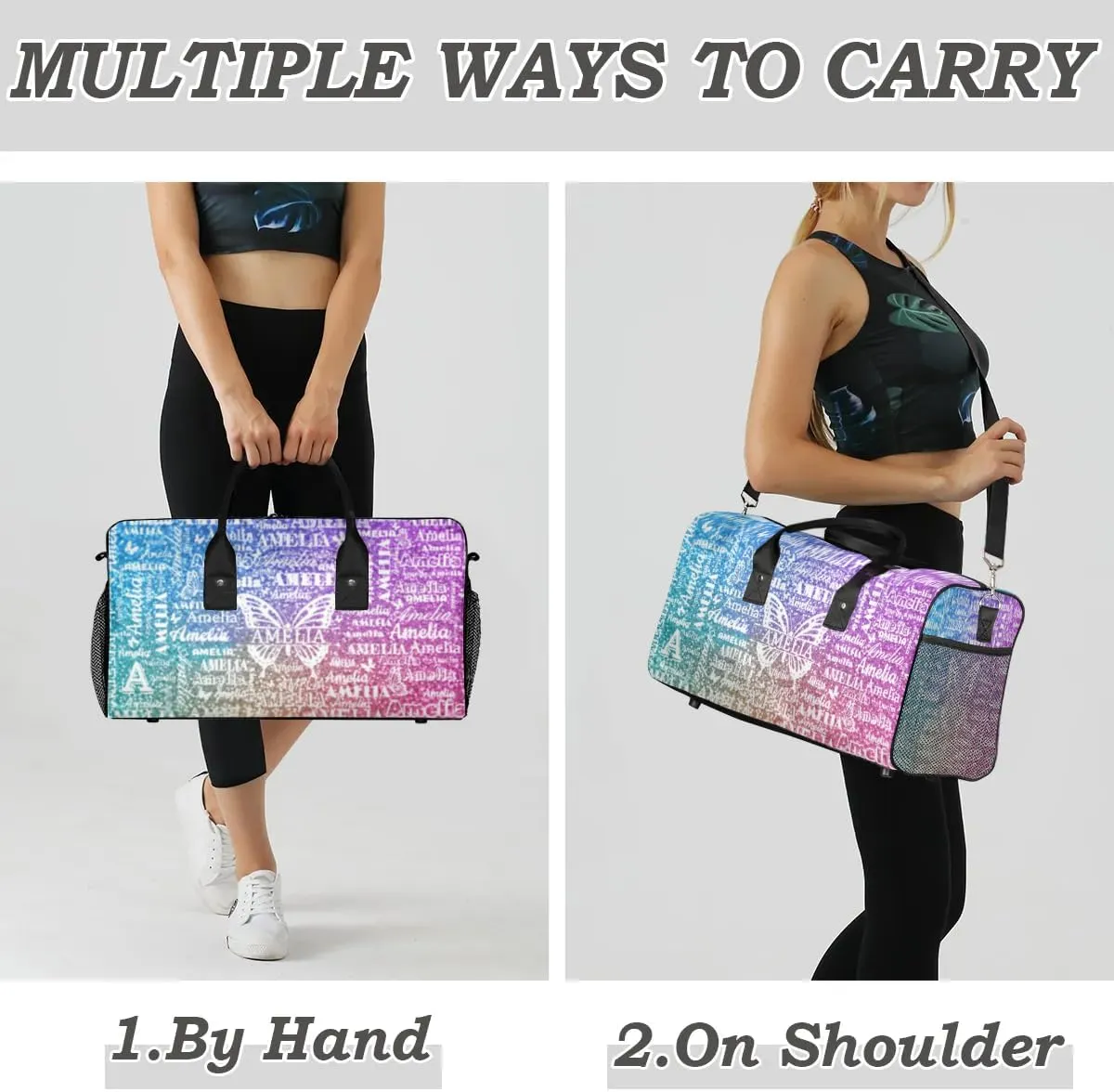 Custom Travel Duffel Bag with Name Butterfly, Personalized Gym Bag for Women, Custom Sport Tote Bags for Dance Cheer, Overnight Weekender Bags, Colorful