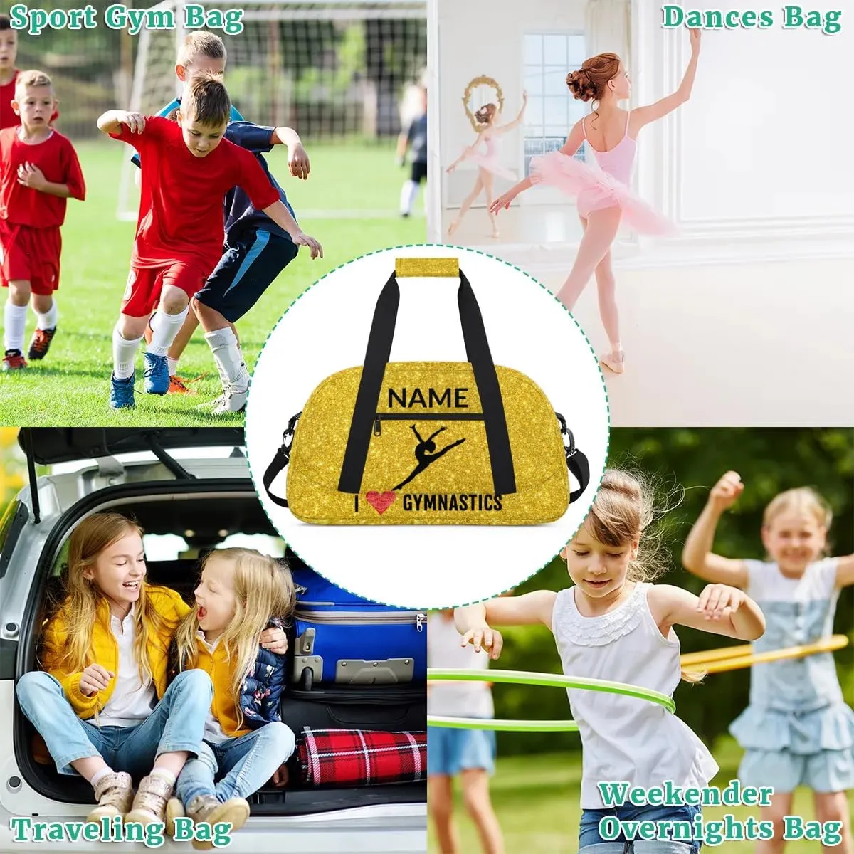 Custom Travel Duffle Bag, Gymnastics Duffel Bag Weekender Overnight Bag, Large Capacity Carry On Tote for Gym, Travel, Work, and Sports, Golden Shiny