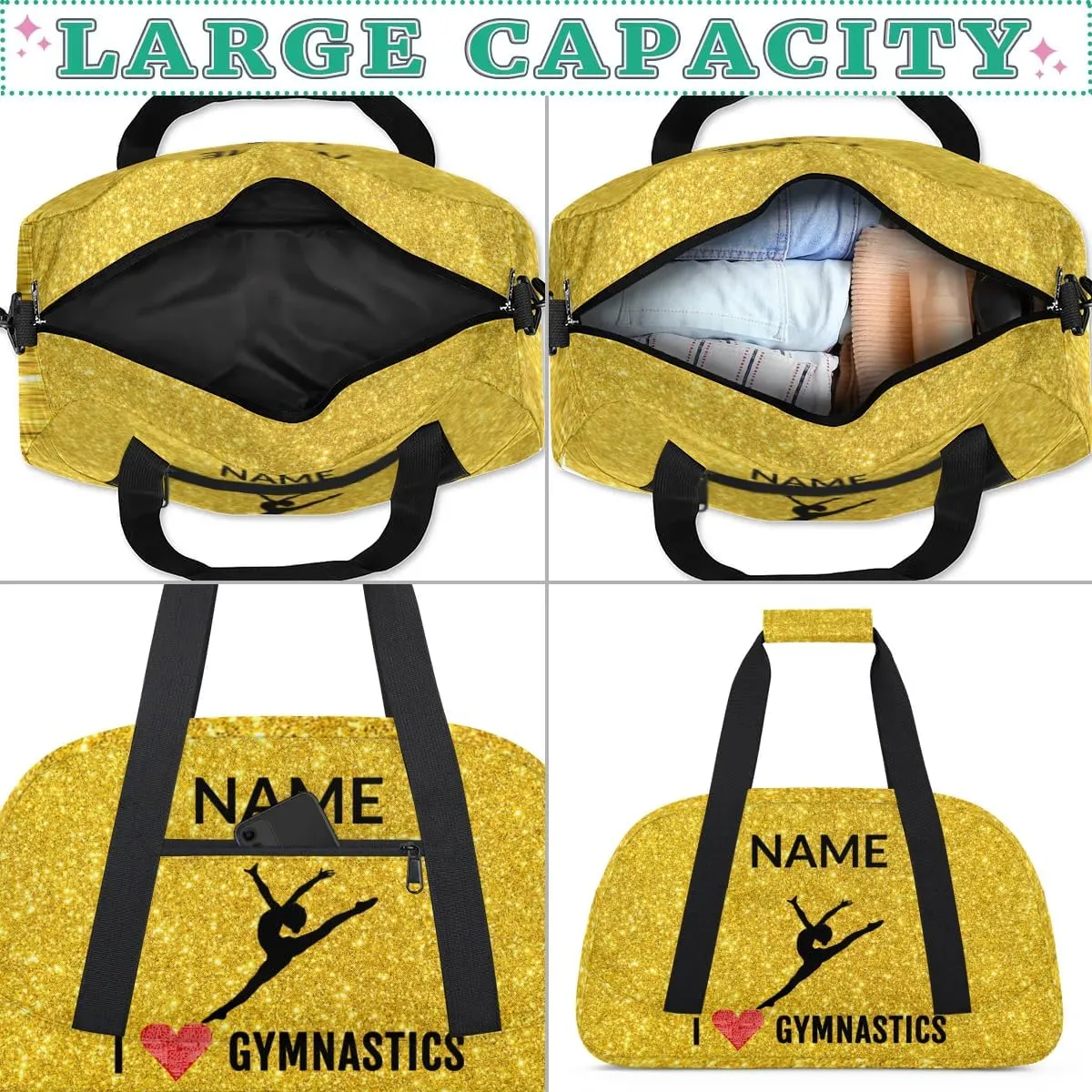 Custom Travel Duffle Bag, Gymnastics Duffel Bag Weekender Overnight Bag, Large Capacity Carry On Tote for Gym, Travel, Work, and Sports, Golden Shiny