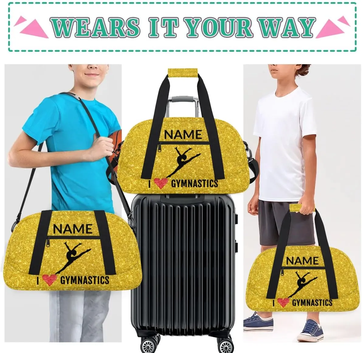 Custom Travel Duffle Bag, Gymnastics Duffel Bag Weekender Overnight Bag, Large Capacity Carry On Tote for Gym, Travel, Work, and Sports, Golden Shiny