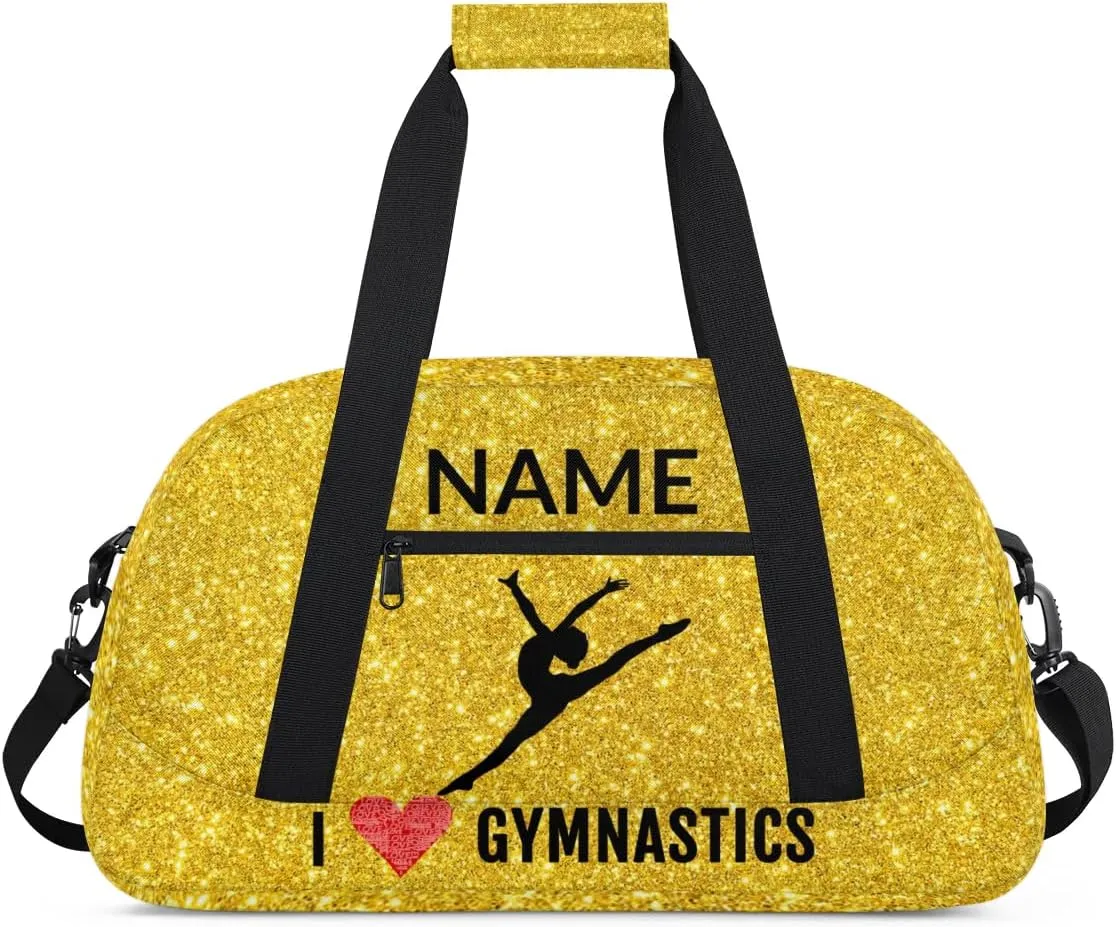 Custom Travel Duffle Bag, Gymnastics Duffel Bag Weekender Overnight Bag, Large Capacity Carry On Tote for Gym, Travel, Work, and Sports, Golden Shiny