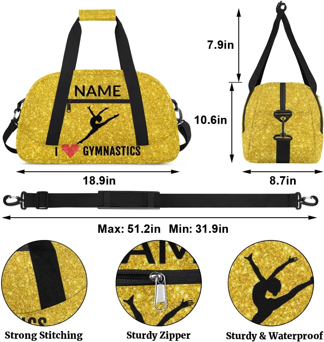 Custom Travel Duffle Bag, Gymnastics Duffel Bag Weekender Overnight Bag, Large Capacity Carry On Tote for Gym, Travel, Work, and Sports, Golden Shiny