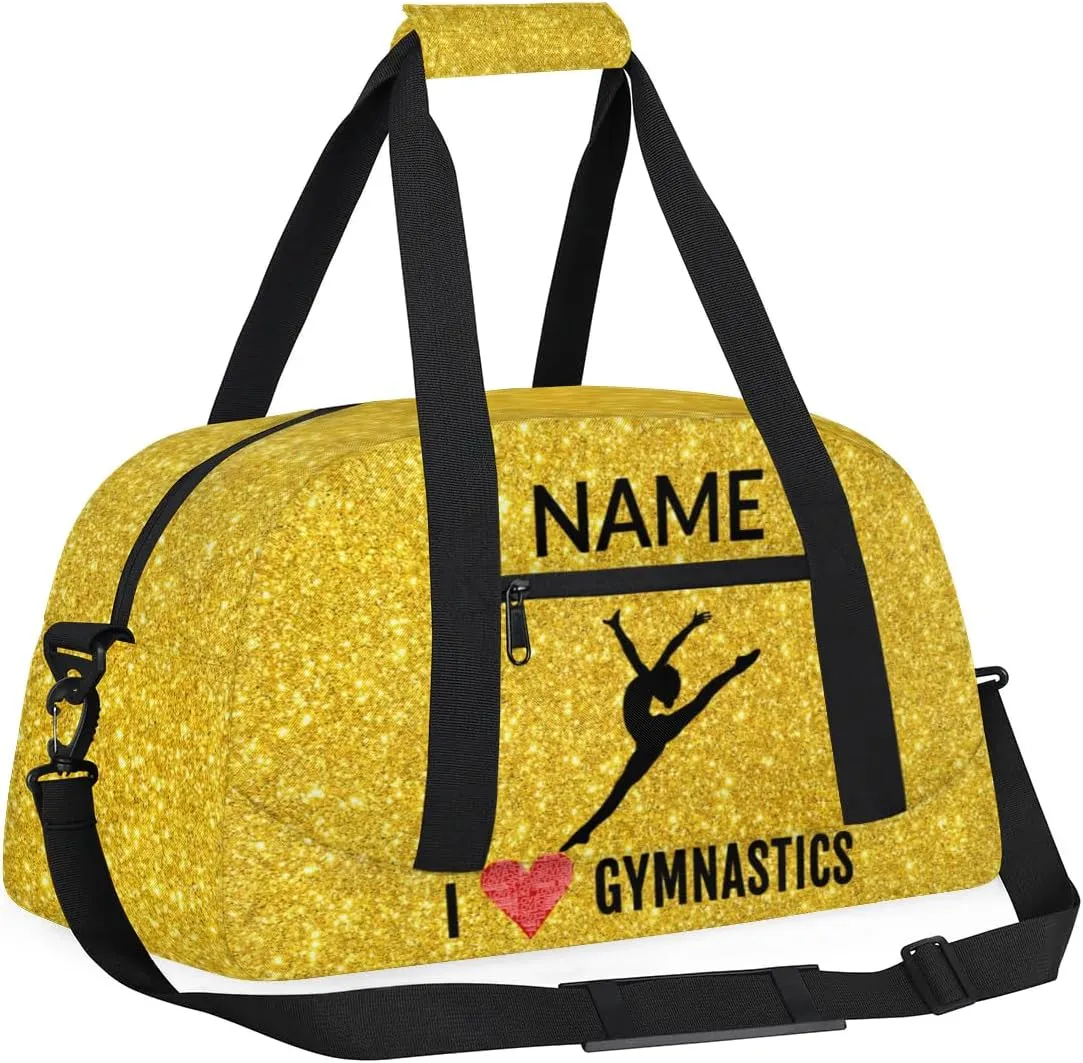 Custom Travel Duffle Bag, Gymnastics Duffel Bag Weekender Overnight Bag, Large Capacity Carry On Tote for Gym, Travel, Work, and Sports, Golden Shiny