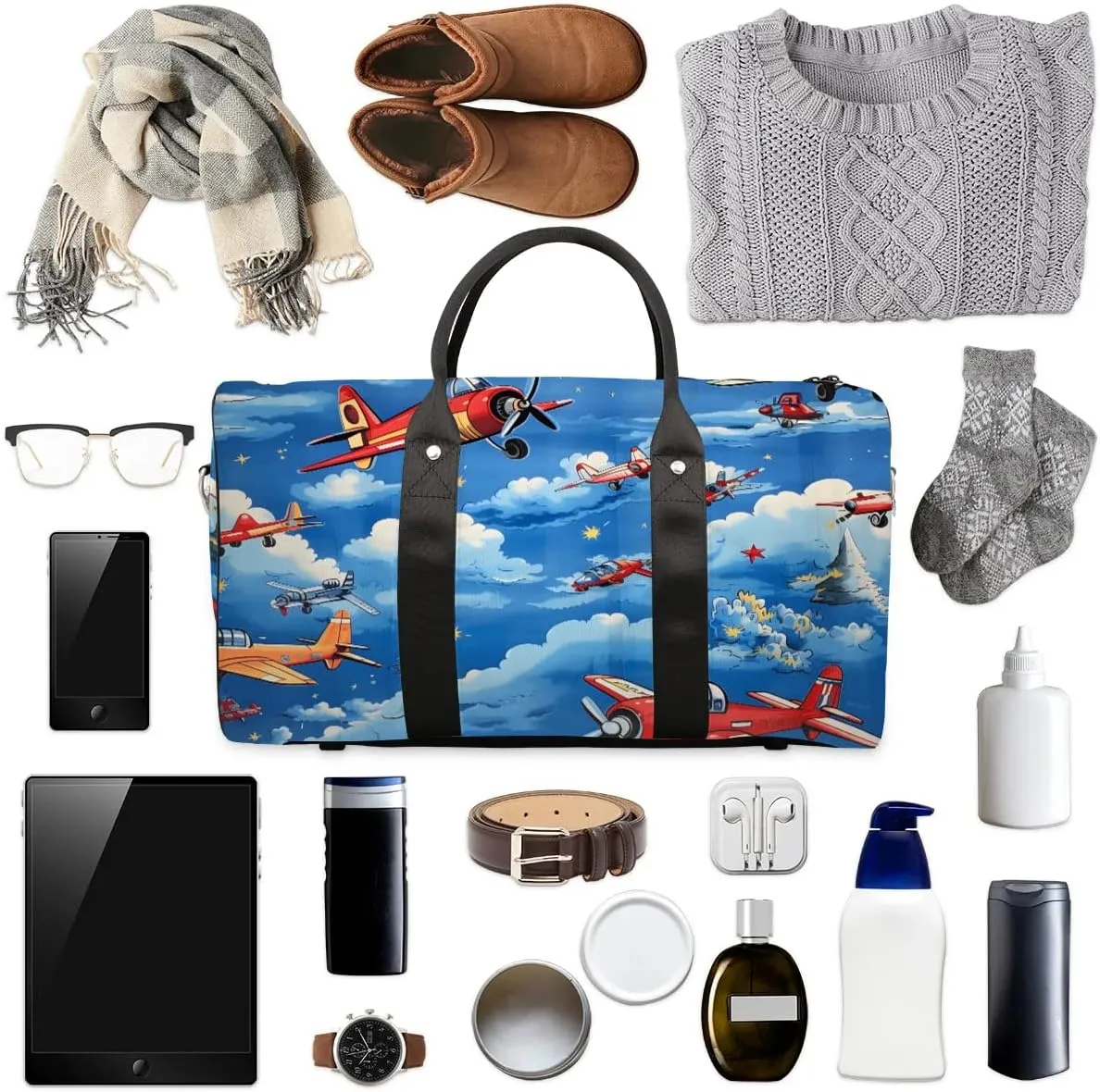 Cute Airplane Helicopter Pattern Travel Duffel Bag for Women Men Waterproof Foldable Overnight Weekender Bag Large Capacity Sports Gym Bag