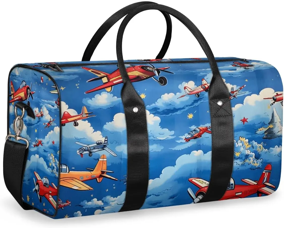 Cute Airplane Helicopter Pattern Travel Duffel Bag for Women Men Waterproof Foldable Overnight Weekender Bag Large Capacity Sports Gym Bag