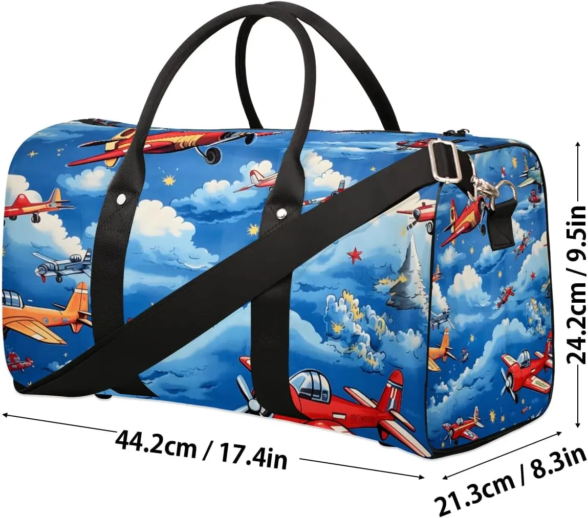 Cute Airplane Helicopter Pattern Travel Duffel Bag for Women Men Waterproof Foldable Overnight Weekender Bag Large Capacity Sports Gym Bag