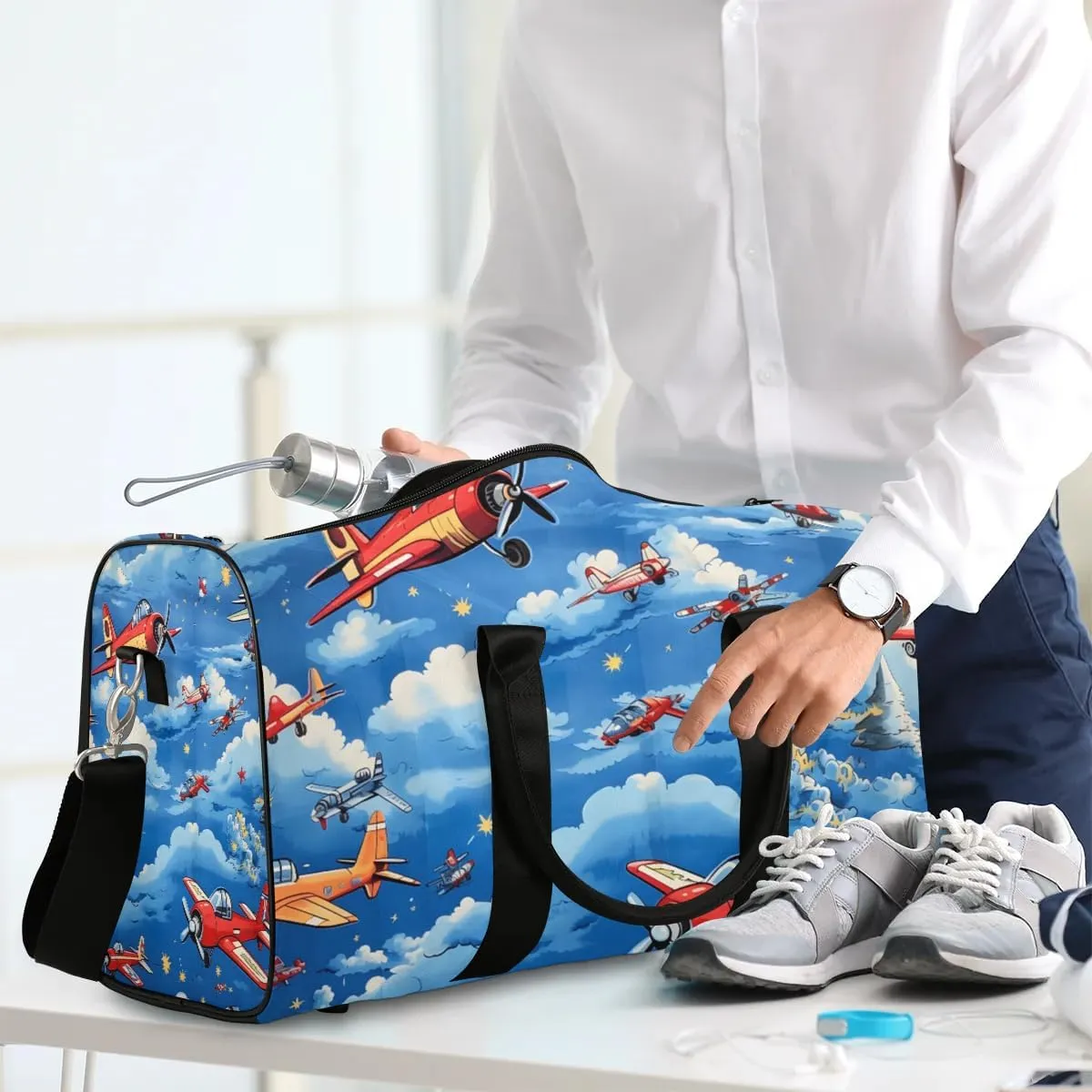 Cute Airplane Helicopter Pattern Travel Duffel Bag for Women Men Waterproof Foldable Overnight Weekender Bag Large Capacity Sports Gym Bag