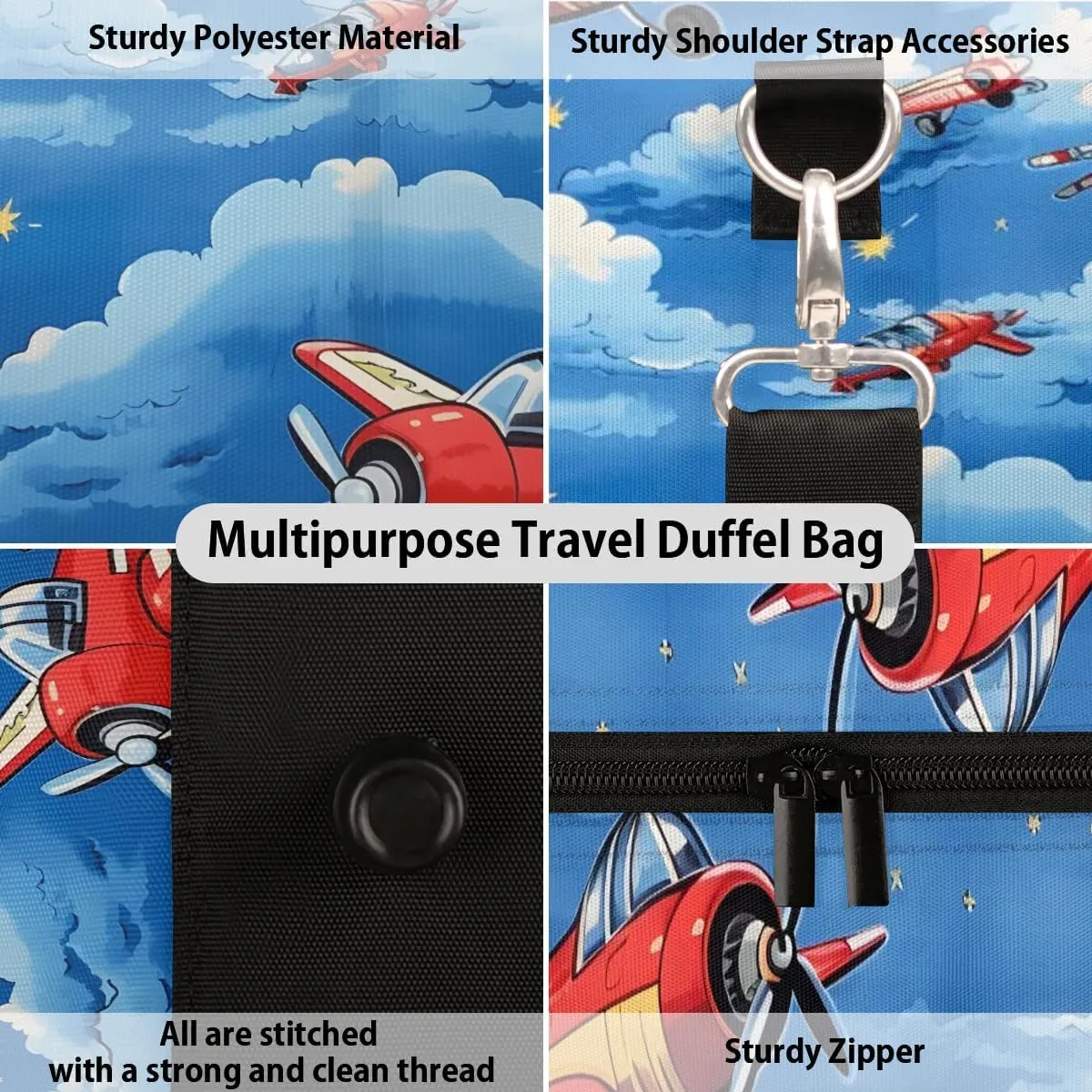 Cute Airplane Helicopter Pattern Travel Duffel Bag for Women Men Waterproof Foldable Overnight Weekender Bag Large Capacity Sports Gym Bag