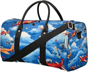 Cute Airplane Helicopter Pattern Travel Duffel Bag for Women Men Waterproof Foldable Overnight Weekender Bag Large Capacity Sports Gym Bag