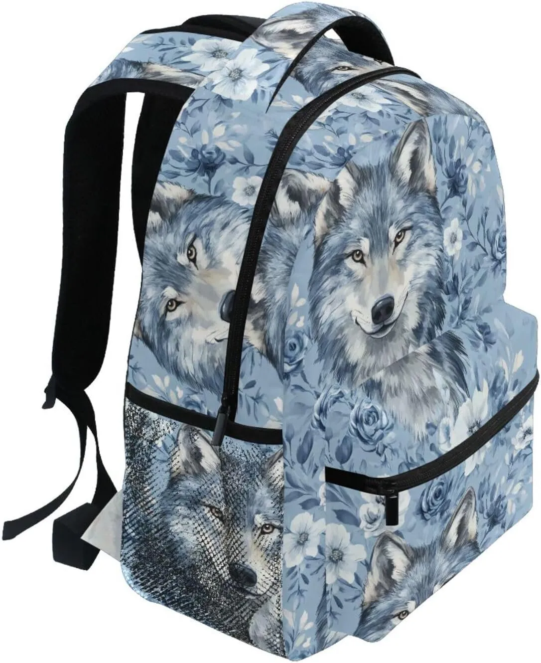 Cute Backpack for Teenager Waterproof Stylish Travel Bags with Chest Strap Gift Men & Women Cartoon Cute Wolf Blue