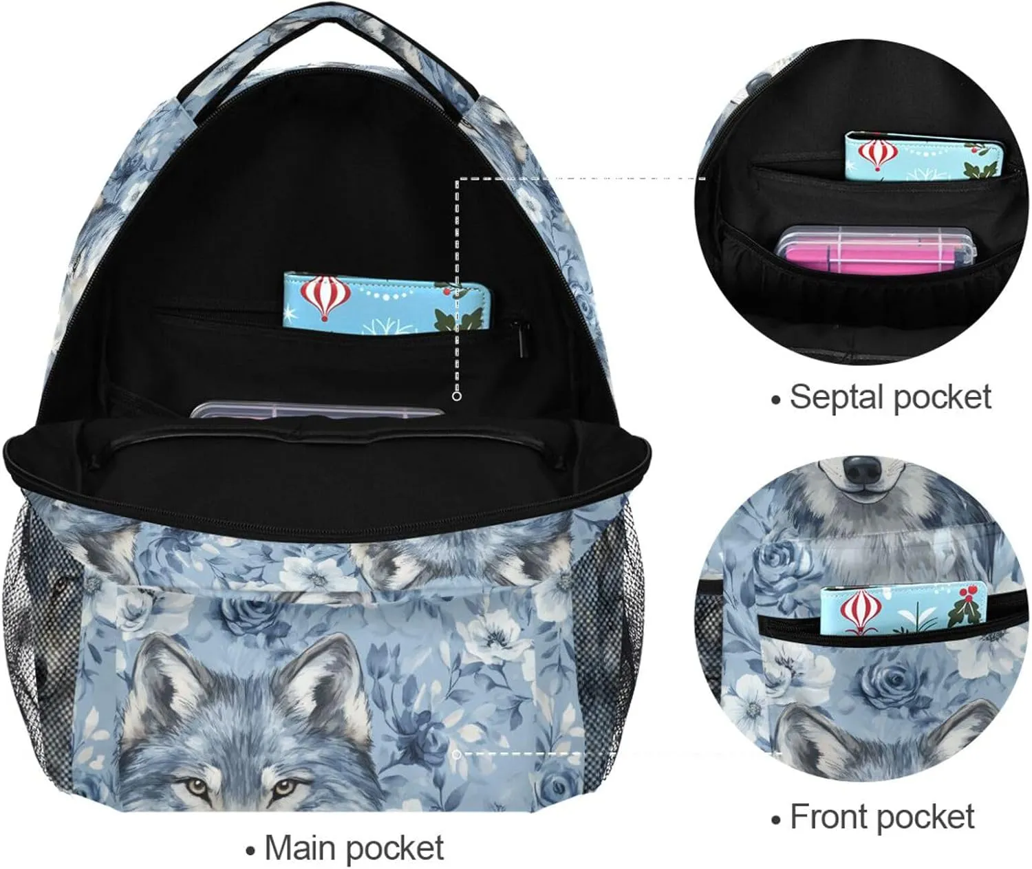 Cute Backpack for Teenager Waterproof Stylish Travel Bags with Chest Strap Gift Men & Women Cartoon Cute Wolf Blue