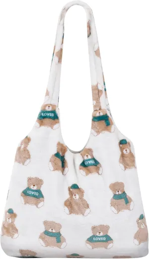 Cute Bear Plush Tote Handbag Faux Fur Fluffy Shoulder Bag Large Lamb Wool Shopping Bag