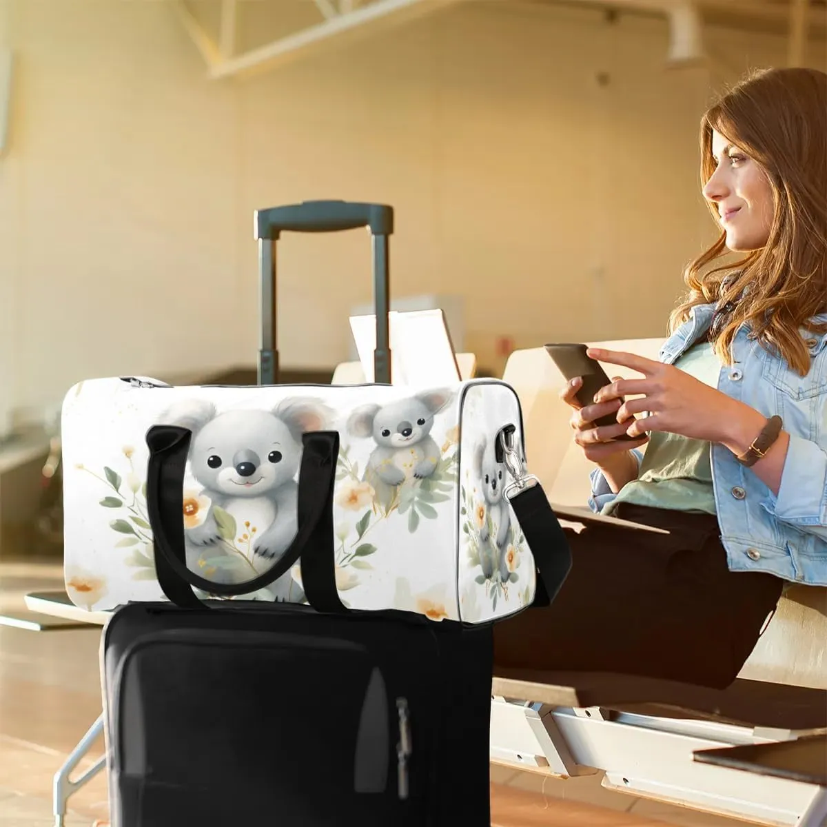 Cute Cartoon Koala Travel Duffel Bag for Women Men Waterproof Foldable Overnight Weekender Bag Large Capacity Sports Gym Bag