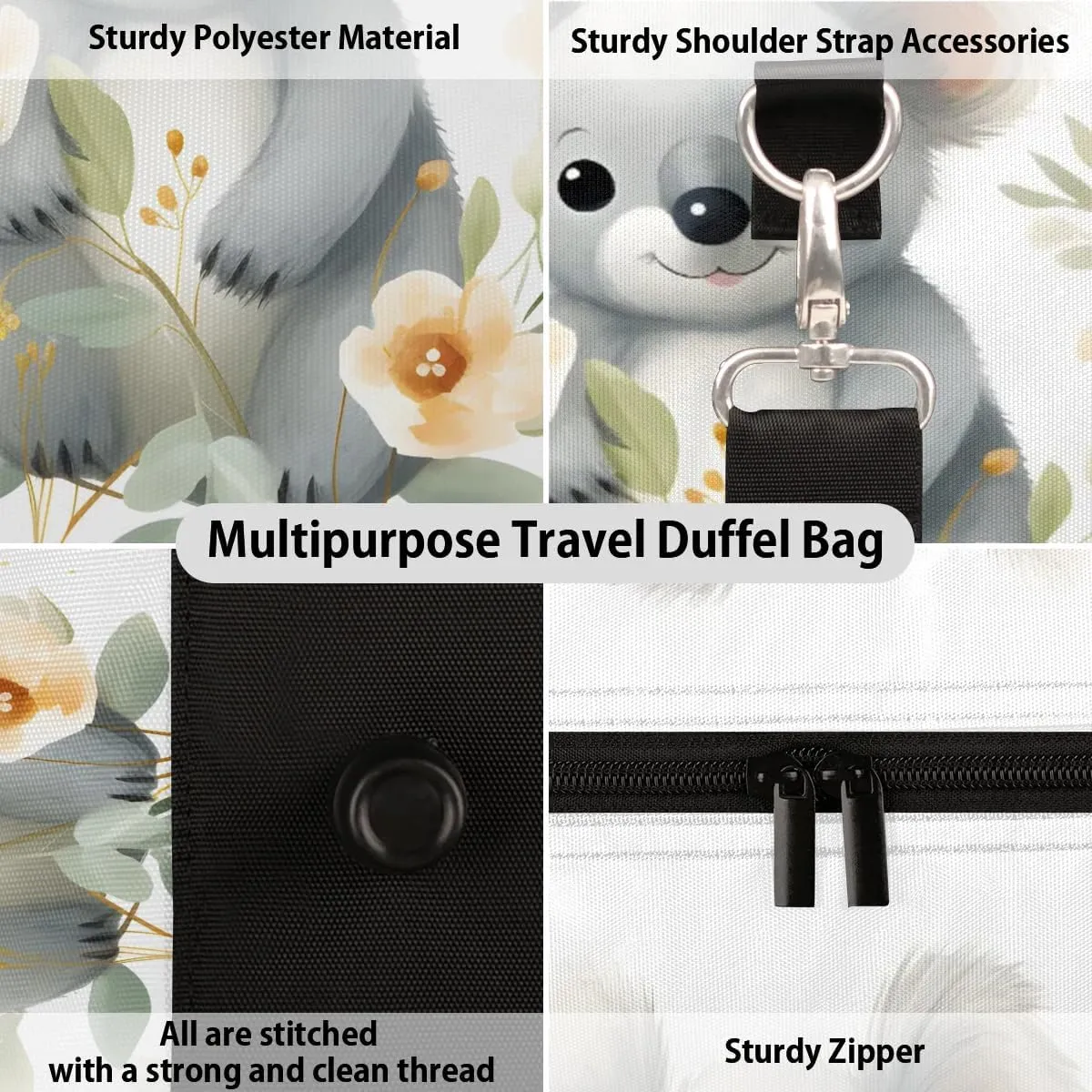 Cute Cartoon Koala Travel Duffel Bag for Women Men Waterproof Foldable Overnight Weekender Bag Large Capacity Sports Gym Bag
