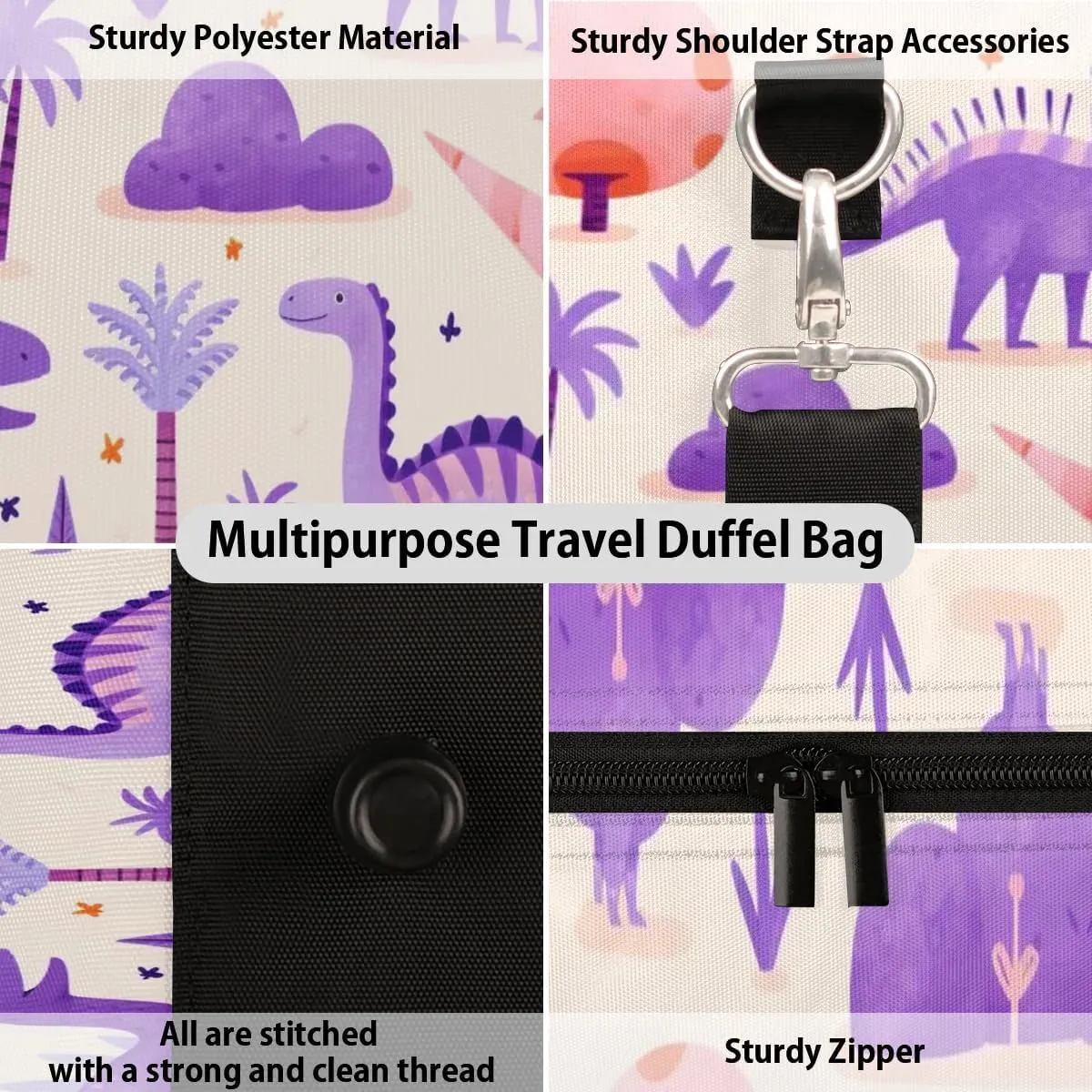 Cute Dinosaurs Travel Duffel Bag for Women Men Waterproof Foldable Overnight Weekender Bag Large Capacity Sports Gym Bag
