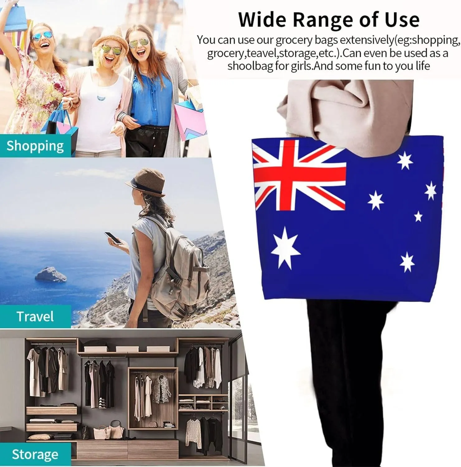 Cute Flag Tote Bag for Women Men Reusable Patriotic Beach Grocery Shopping Bag for Outdoor Gym Shopping