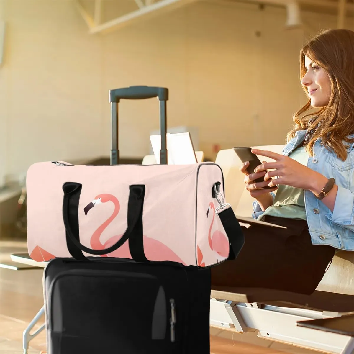 Cute Flamingo Travel Duffel Bag for Women Men Waterproof Foldable Overnight Weekender Bag Large Capacity Sports Gym Bag