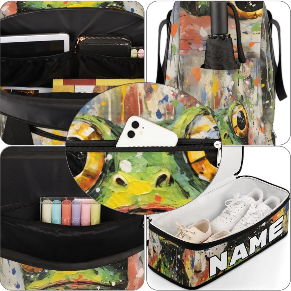 Cute Frog Custom Foldable Duffle Bag with Shoes Compartment Personalized Large Capacity Waterproof Travel Weekender Bag Overnight Bag for Sports Gym