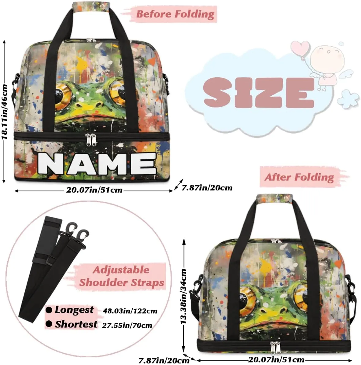 Cute Frog Custom Foldable Duffle Bag with Shoes Compartment Personalized Large Capacity Waterproof Travel Weekender Bag Overnight Bag for Sports Gym