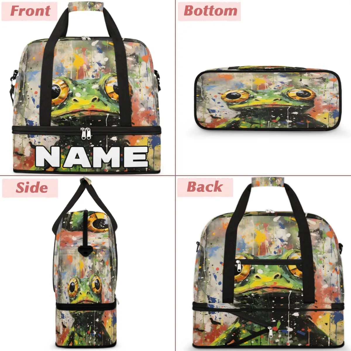 Cute Frog Custom Foldable Duffle Bag with Shoes Compartment Personalized Large Capacity Waterproof Travel Weekender Bag Overnight Bag for Sports Gym