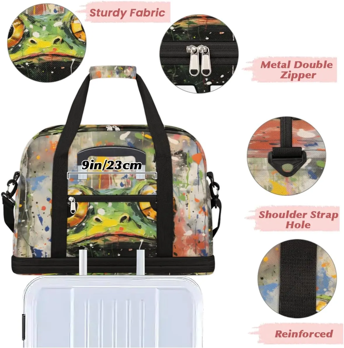 Cute Frog Custom Foldable Duffle Bag with Shoes Compartment Personalized Large Capacity Waterproof Travel Weekender Bag Overnight Bag for Sports Gym