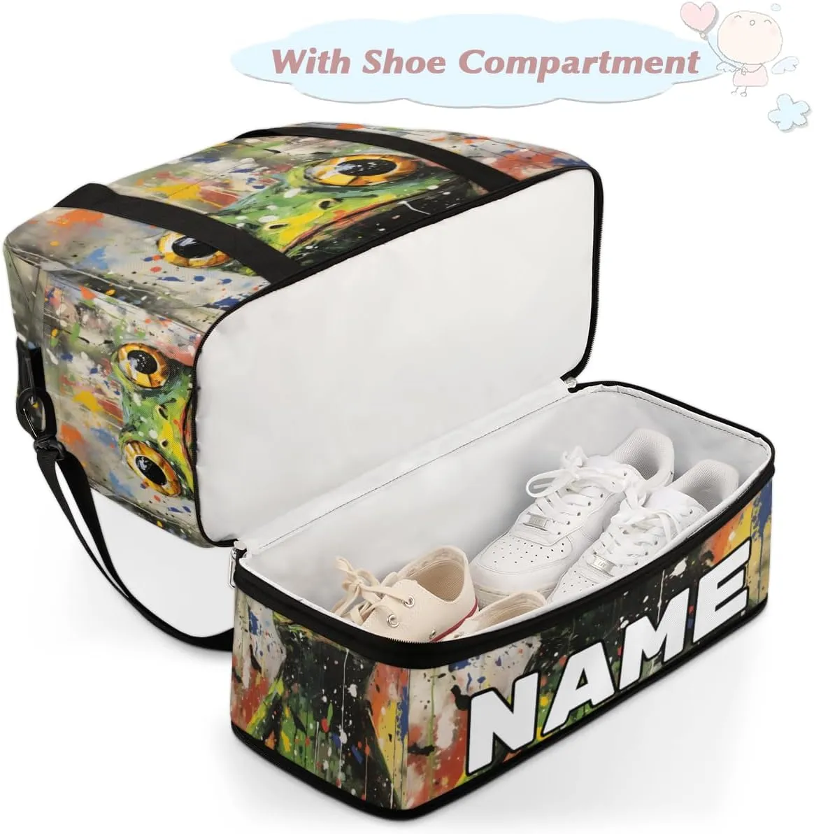 Cute Frog Custom Foldable Duffle Bag with Shoes Compartment Personalized Large Capacity Waterproof Travel Weekender Bag Overnight Bag for Sports Gym